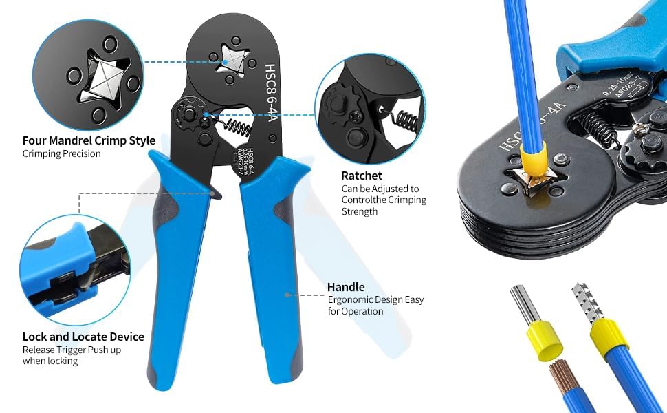 Cuzenal® Ferrule Crimping Tool Kit, Self-Adjusting Square Wire Crimper Plier for AWG23-7 with 1200pcs Assortment Ferrule Wire Copper Crimp Connector, Wiring Cable Connector 3