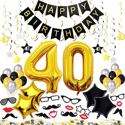 40th Birthday Decorations Kit 70 Pieces – Happy Birthday Banner, 40-Inch 40 Gold balloons, Sparkling Hanging Swirls, Photo Booth Props, Confetti for Table Decorations, Birthday Plan Checklist
