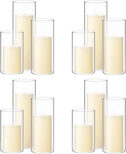 Shihanee Juego de 12 velas de pilar y jarrones cilíndricos de vidrio transparentes para velas de pilar delgadas, centros de mesa de boda (2.6 x 4.7