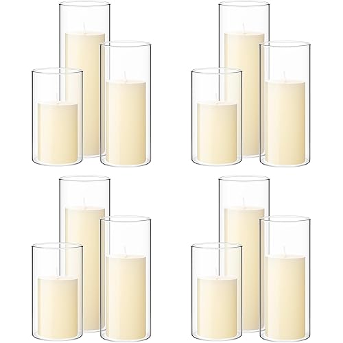Shihanee Set of 12 Pillar Candles and Glass Cylinder Vases Clear Cylinder CandleHolders for Slim Pillar Candles Wedding Centerpieces(2.6''x 4.7'', 5.9'', 7.9'',Ivory White)