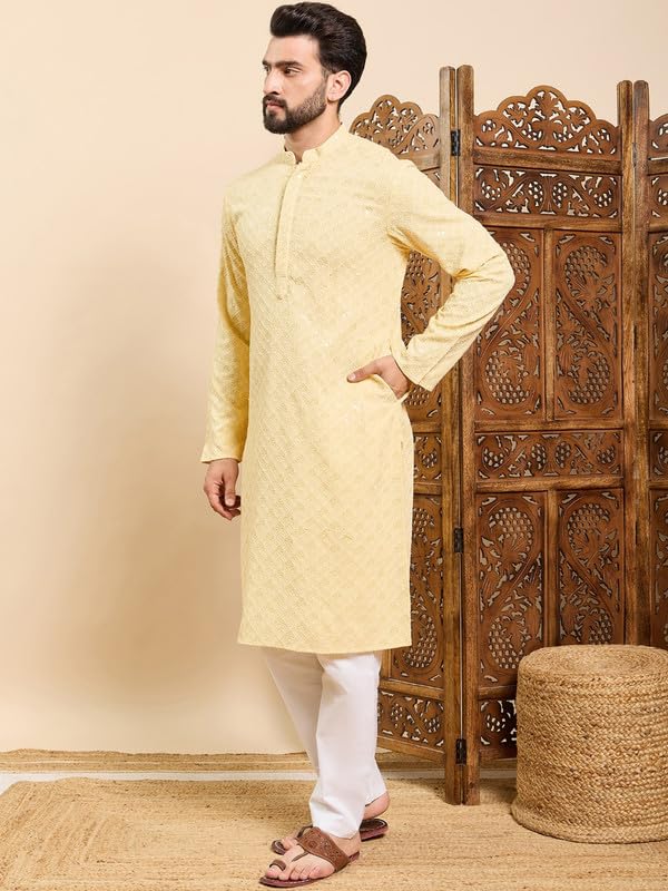 Image of Vaamsi Ethnic Bay Men's Viscose Rayon Solid Embroidered Long Straight Kurta | Men's Kurta | Embroidered Chikankari Kurta for Men | Straight Fit Kurta for Men