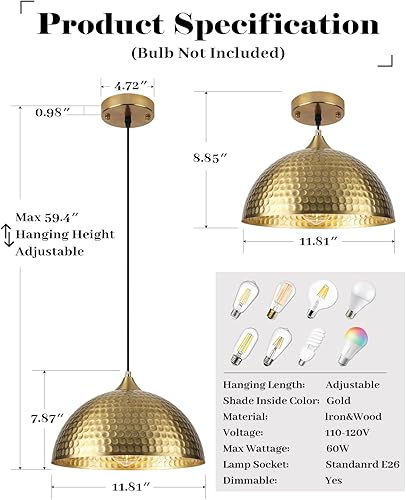 Miniatura 3 de Paquete de 2 luces colgantes doradas para isla de cocina, lámpara colgante de cúpula martillada de 12 pulgadas, luces colgantes de cocina de granja,