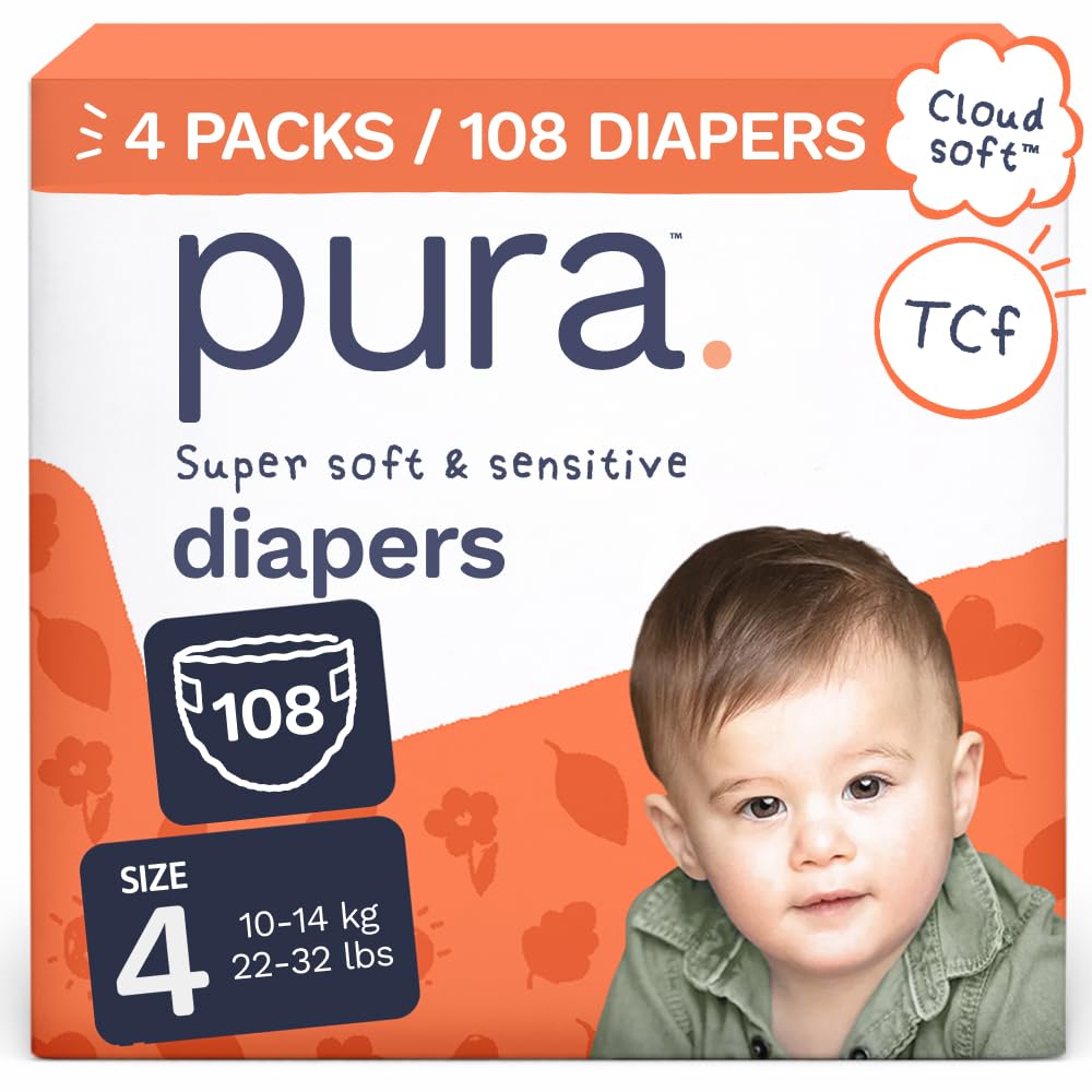 Pura 아기 기저귀 사이즈 4-108개, 10~14.5kg(22~32파운드), 12시간 누출 방지, 저자극성 및 민감한 아기 피부를 위한 부드럽고 부드러운 기저귀, 무독성 제품*, 유기농 면, 블로우아웃 차단제™, 새로운 사이즈 가이드