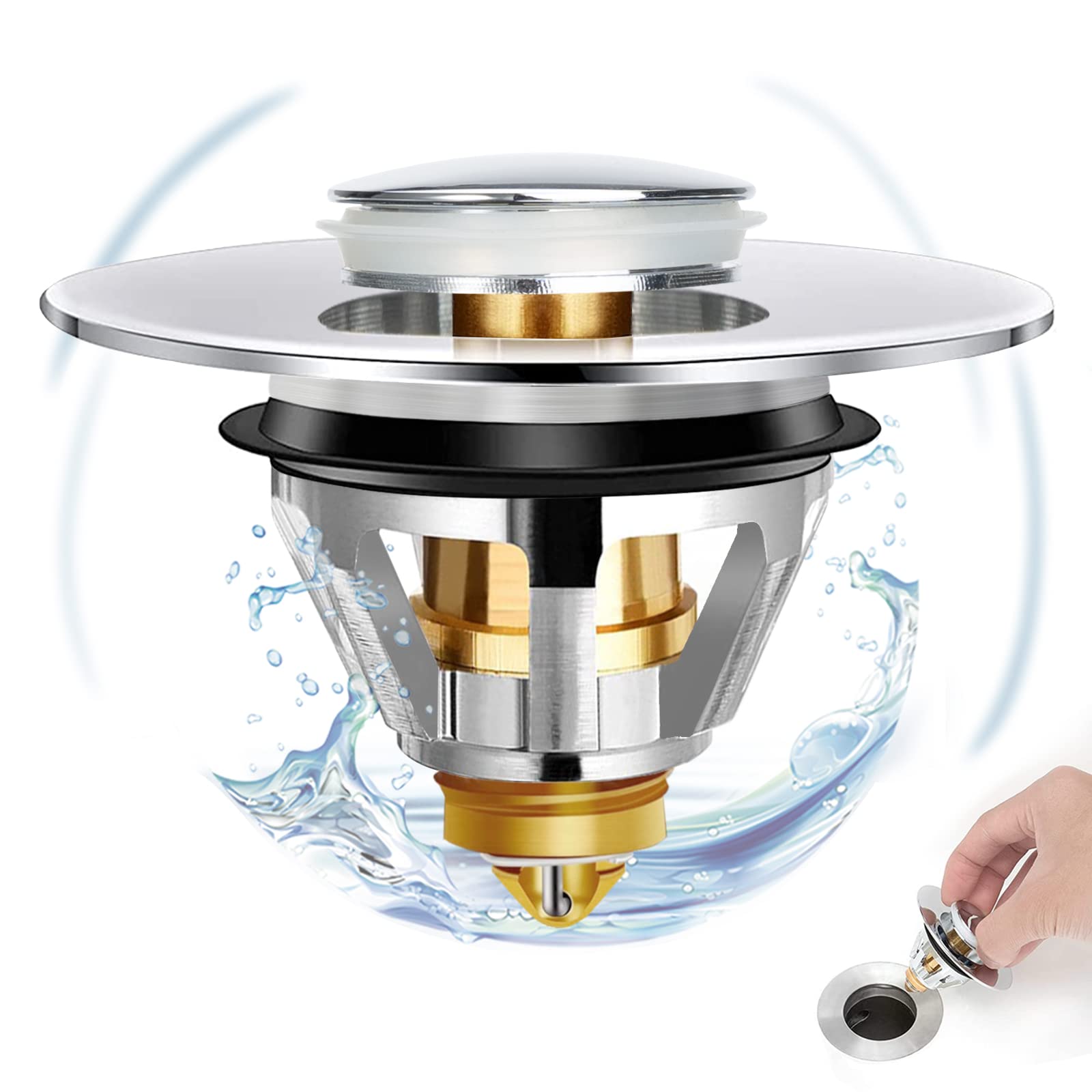 Sink Plug, Universal Pop-Up Drain Fitting, Sink Drain Plug, Wash Basin Plug with Anti-Clogging Strainer, Sink Plug, Closure, Diameter 34 - 38 mm