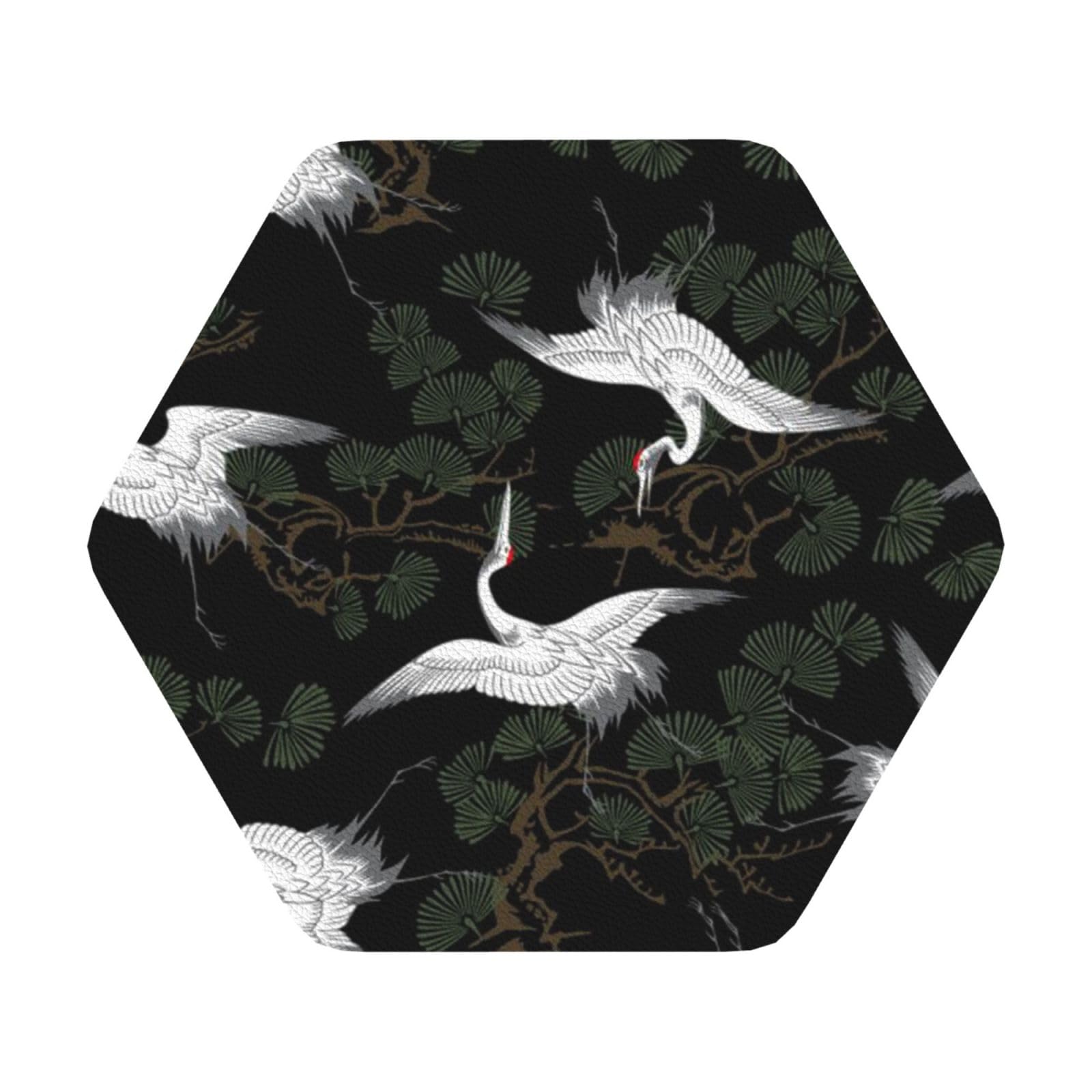 Japanese Crane & Pine PU Leather Coasters Set of 6 Hexagon Drink Coasters