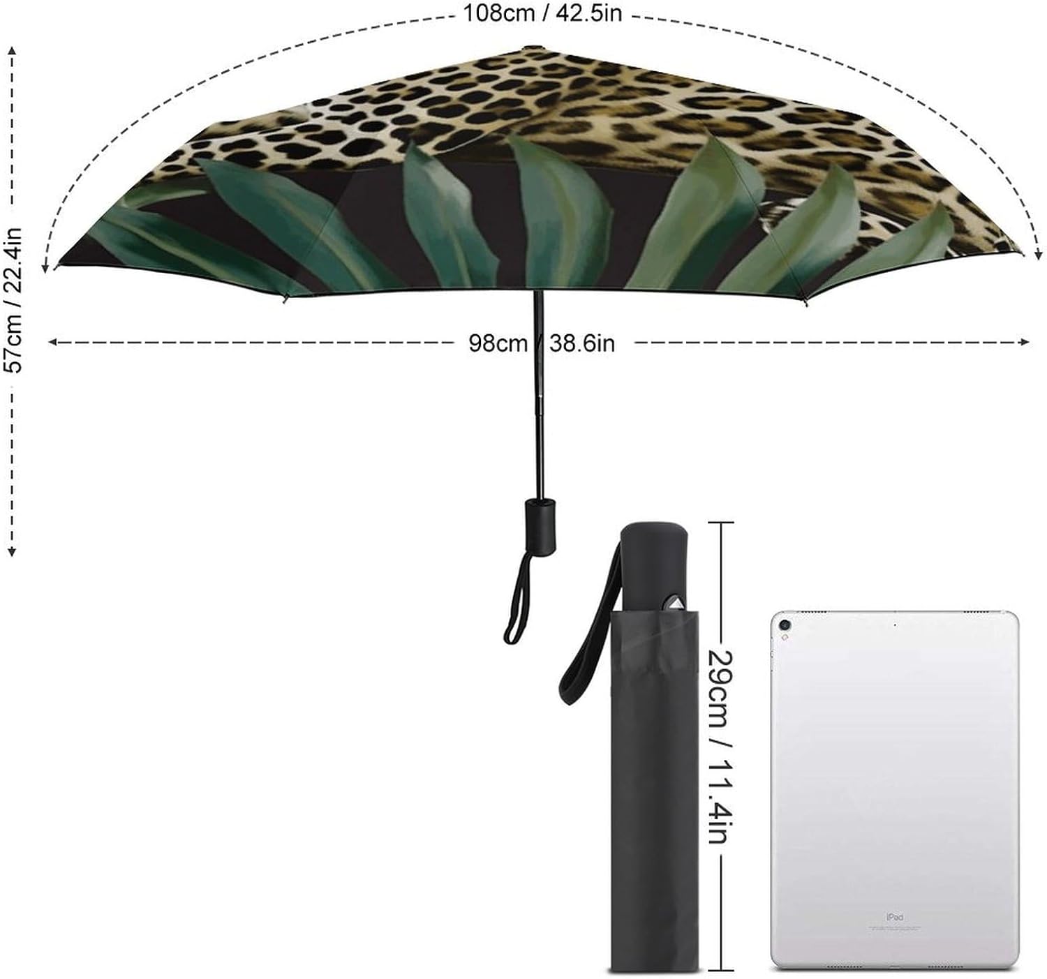 Leopard Palm Leaf Windproof Travel Umbrella, One-Click Automatic Open And Close, Portable Compact Folding Umbrella for Women Men, Fits Backpack & Car