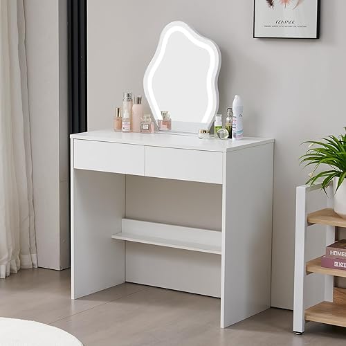 Miniatura 2 de Abesthink Mesa de tocador moderna pequeña de 31.5 pulgadas de ancho, escritorio de tocador de maquillaje con luces y espejo, 3 colores de