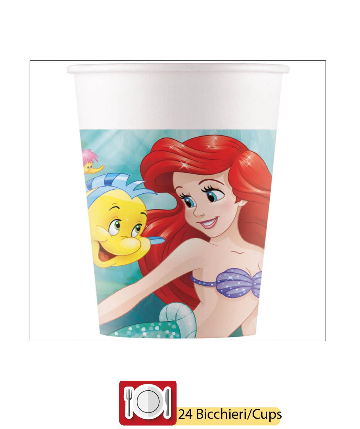 Kit Party Tavola Disney Princess Ariel Little Mermaid la Sirenetta per 24 persone (88 pezzi: 24 piatti Ø23cm, 24 bicchieri 200ml, 40 tovaglioli 33x33cm) in carta FSC compostabile eco-friendly
