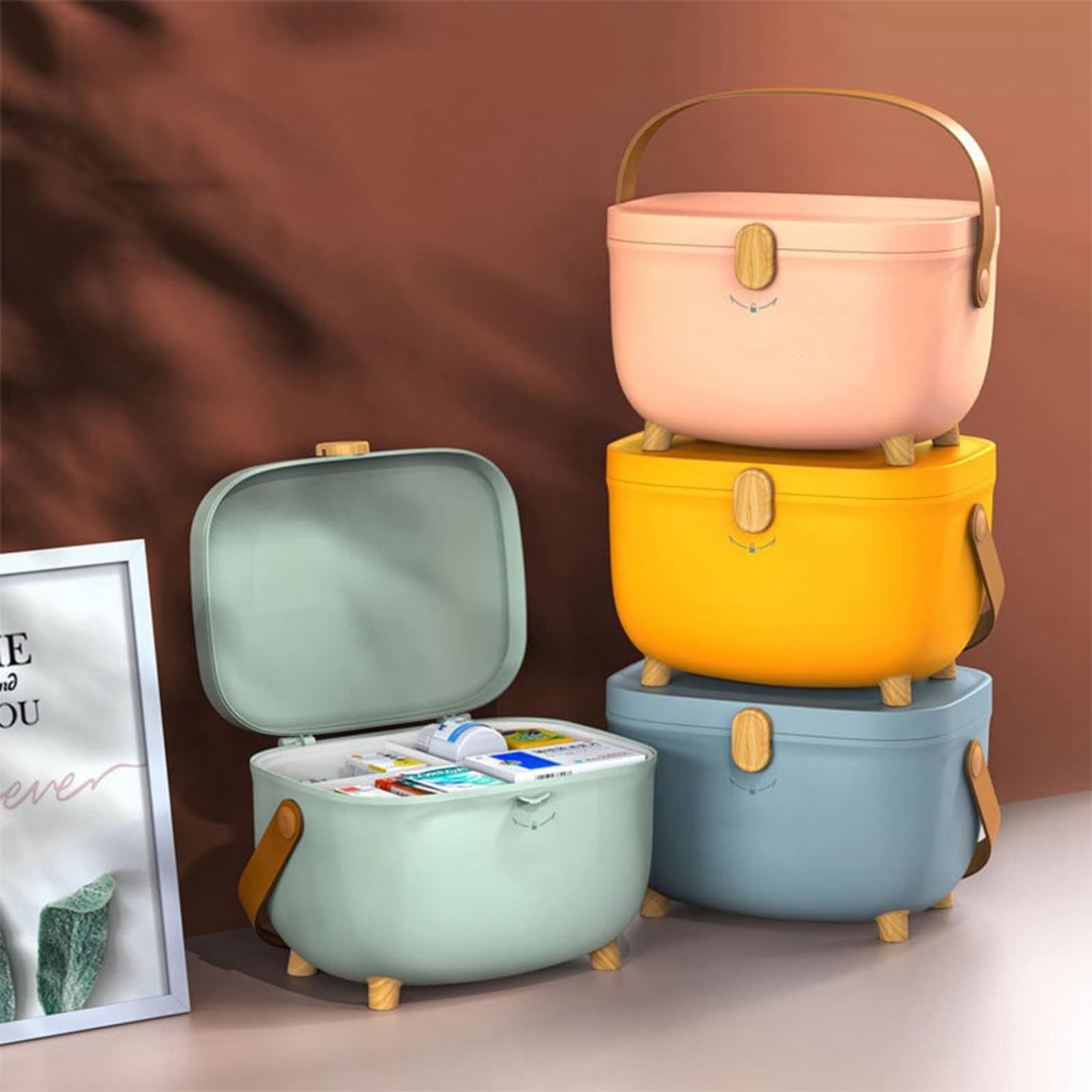 Caja para medicina, Caja organizadora para medicina 2 niveles, con mango, portátil Medicine box, para el hogar y el exterior (Verde cielo)
