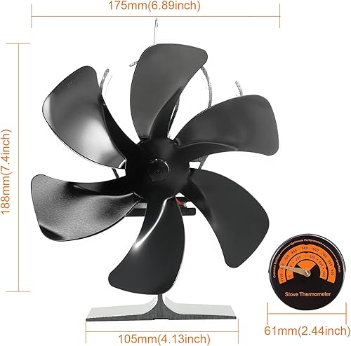 Ventilador de estufa de leña, ventilador de chimenea con termómetro magnético de estufa de leña, ventilador de estufa de calor de 6 aspas para
