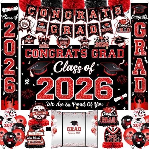 Graduation Decorations Class of 2026 Red and Black Graduation Party Supplies Banner Backdrop Porch Sign Hanging Swirls Balloons Honeycomb Centerpieces Graduation Guest Book for All Congrats Grad Party