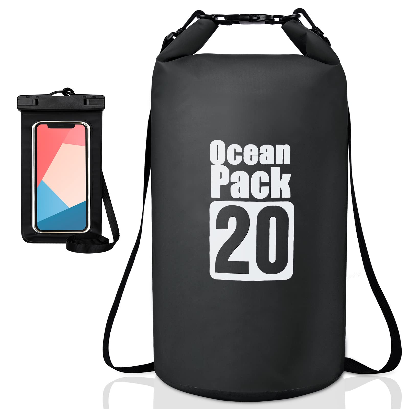 Coolzon Borsa Impermeabile-Sacca Impermeabile con Custodia Impermeabile per Cellulare, Sacca Stagna con Tracolla Regolabile per Kayak Rafting Canottaggio Campeggio Viaggiare Nuoto, 20L Nero