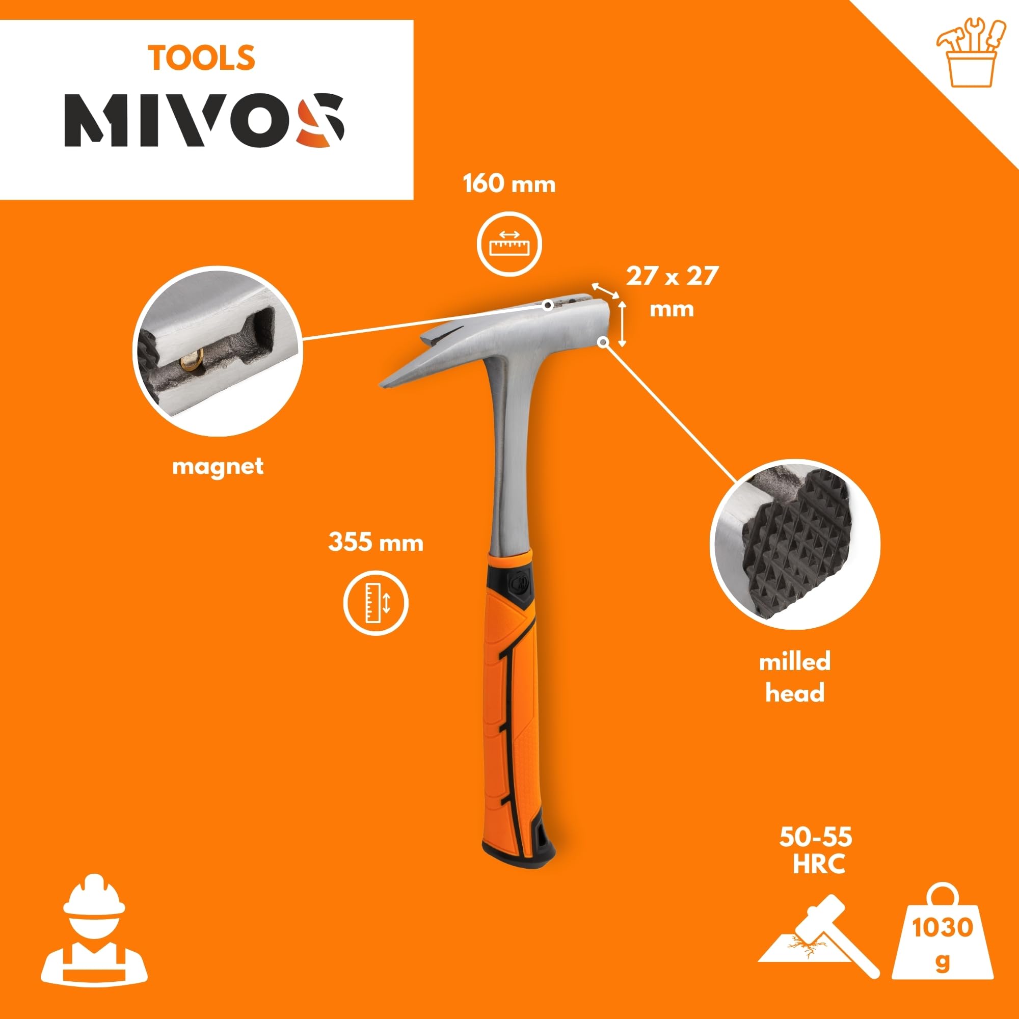 Mivos Martello da Carpentiere 600 g - Martello Professionale con Magnete per Falegname e Artigianale - DIN 7239 - Acciaio al Carbonio Temprato