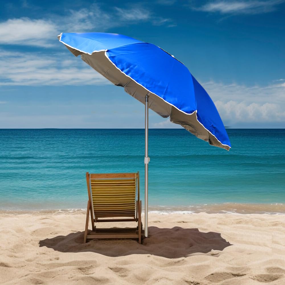BAKAJI Parasol en aluminium de plage de mer ou de piscine, diamètre 200 cm avec articulation coupe-vent et sac en PVC pour le transport, poteau 32 mm, nouvelle couleur bleue couleur unie