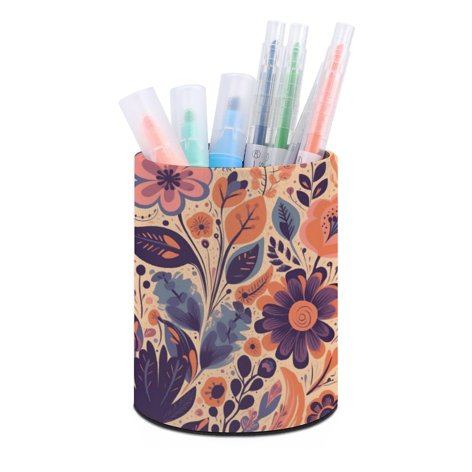 JTREHY Round Pen Holder,Orange And Purple Flowers Printed Makeup Brush Storage Box for Home Office Dressing Table