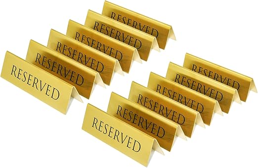 Golden Metal Table Top Reserved Sign for Restaurants, Wedding, Ceremony and Events, Double Sided Tent, 6x1.75 inches (Pack of 12)
