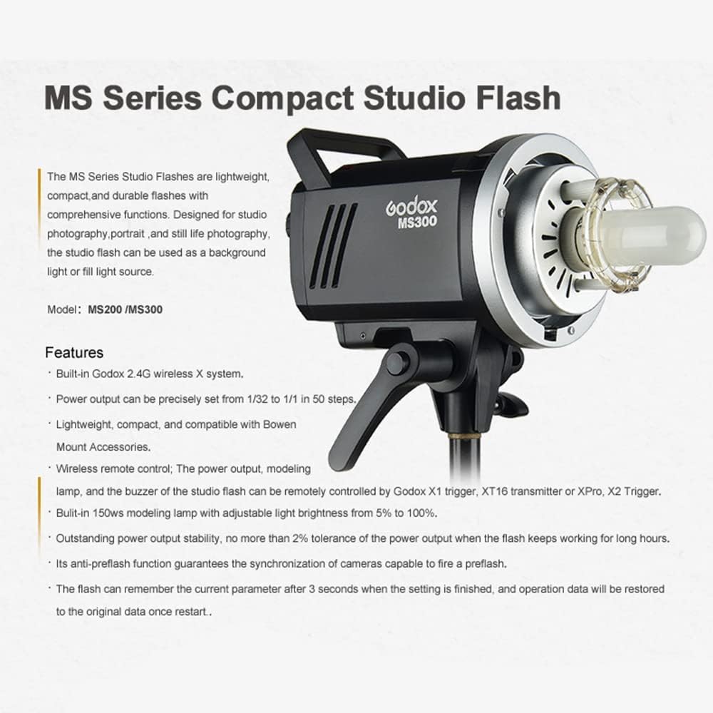 Godox MS300 300W 2.4G Eingebauter drahtloser Empfänger Leichter, kompakter und langlebiger Studioblitz Bowens Mount und 150W Modellierlampe, mit Standard Diffusor