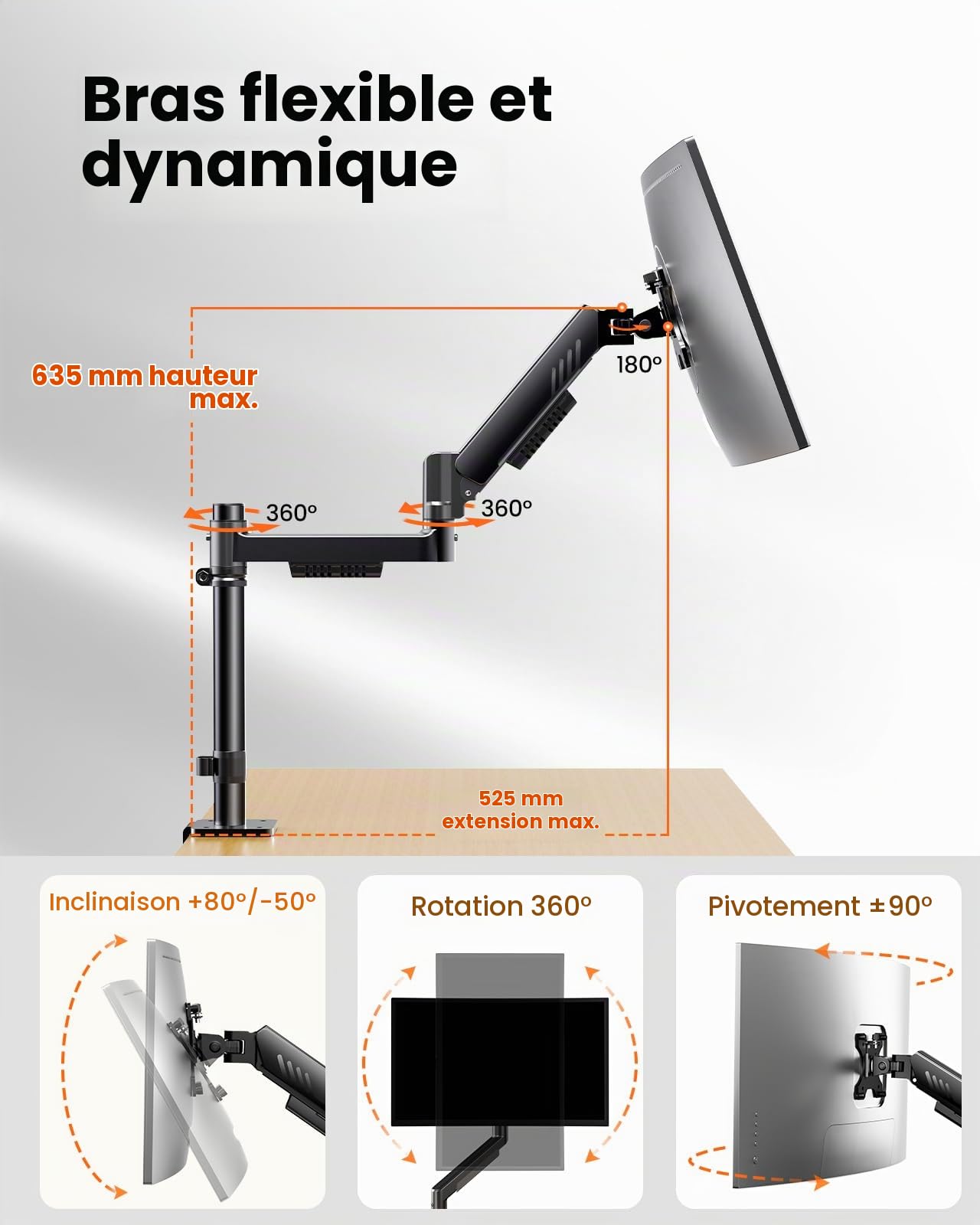ErGear Support Ecran PC, Support Empilé pour Écrans 13 à 32 Pouces, 9 kg par Bras, Stabilité Améliorée avec Pince en C Intégrée, Gestion Câbles Améliorée, VESA 75 x 75/100 x 100 mm, Noir