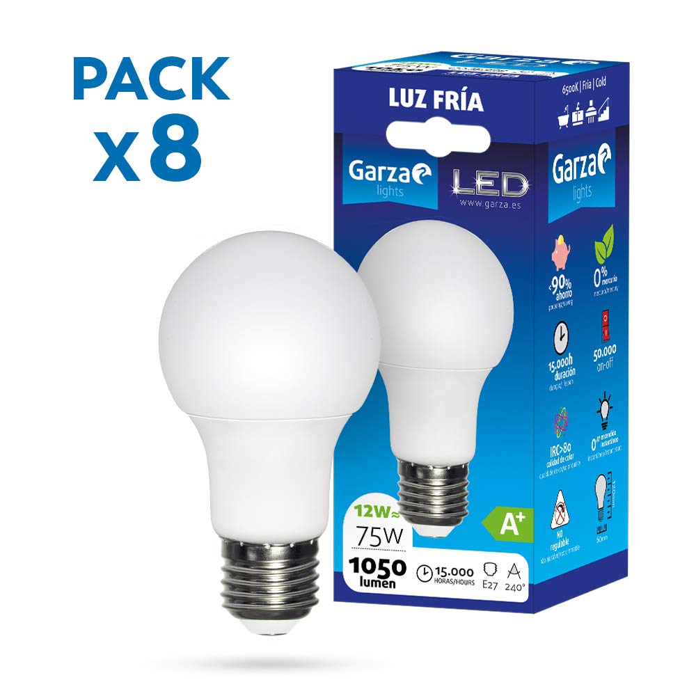 Garza - Pack de 8 Bombillas LED de bajo consumo estandar A60 E27 de 1060LM y 12W de potencia equivalente a 75W y temperatura blanco frío 6.500K 15.000H duración