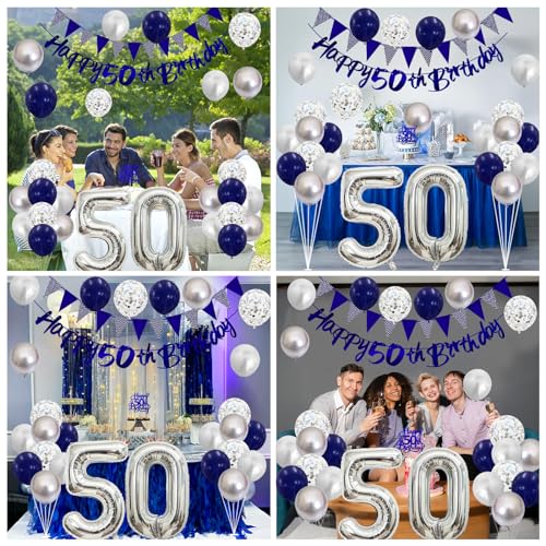 Image of 50th Birthday Decorations for Men Women, Blue Silver 50th Birthday Balloons, Blue Happy 50th Banner Cake Topper Number 50 Balloon for 50 Year Old Party Decoration