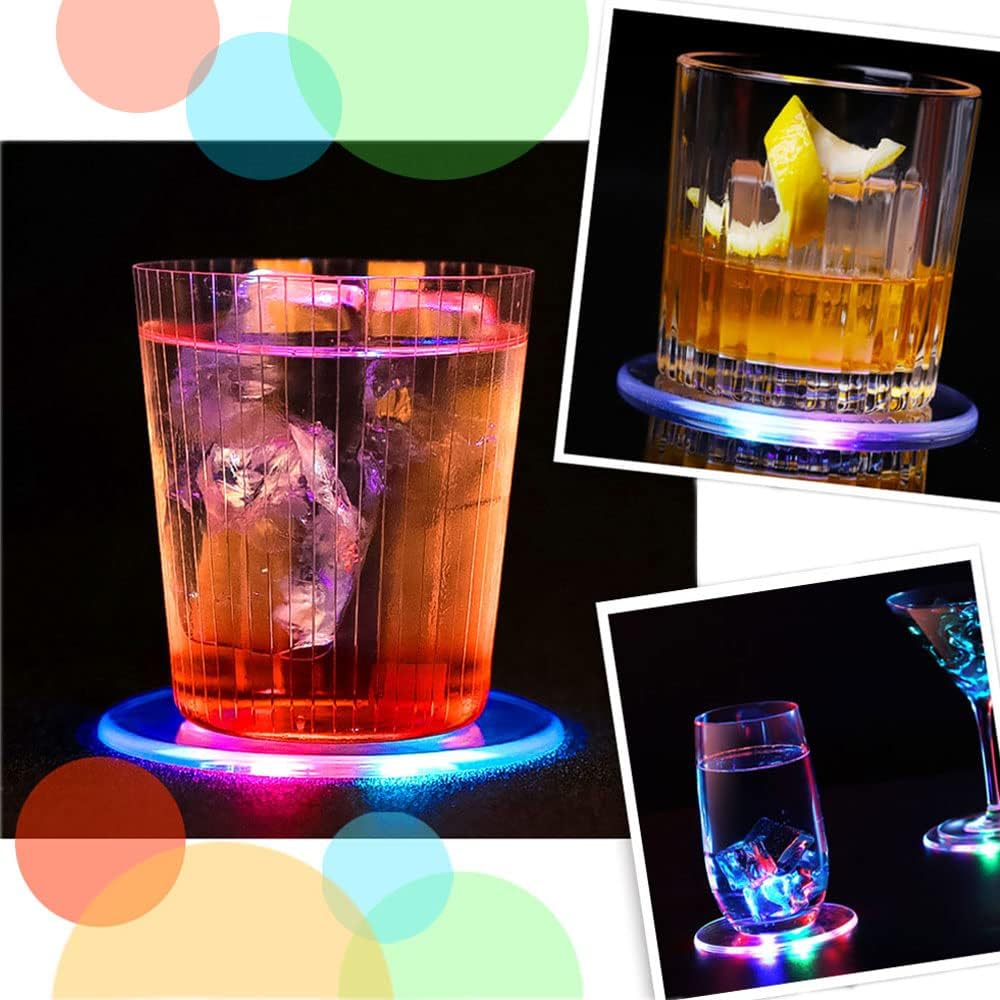 10 PCS Round Ultra-Thin LED Drink Coasters, Luminous Non-Slip Waterproof Transparent LED Bar Beer Beverage Coasters w/ 10 PCS Extra Batteries for Club Wedding Party Decor (Color)