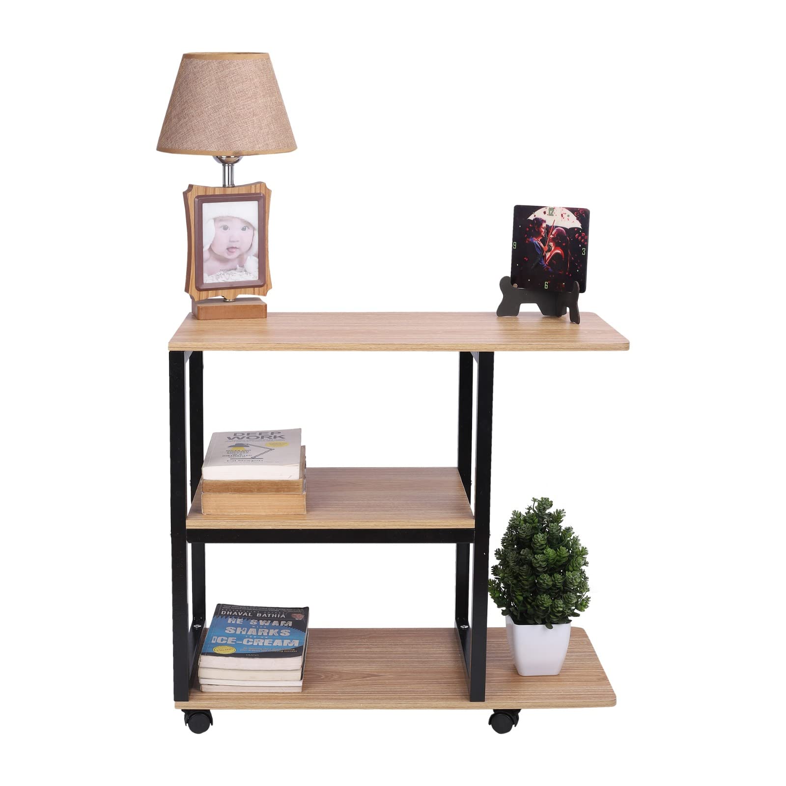 Homes Element 2 Layer Multi-Purpose Portable Laptop Study Bed Cart Tray Sofa Side Lunch Table for Livingroom with Wheels Space Saving Furniture Book Stand (60x30x55 cm) (Black Frame)