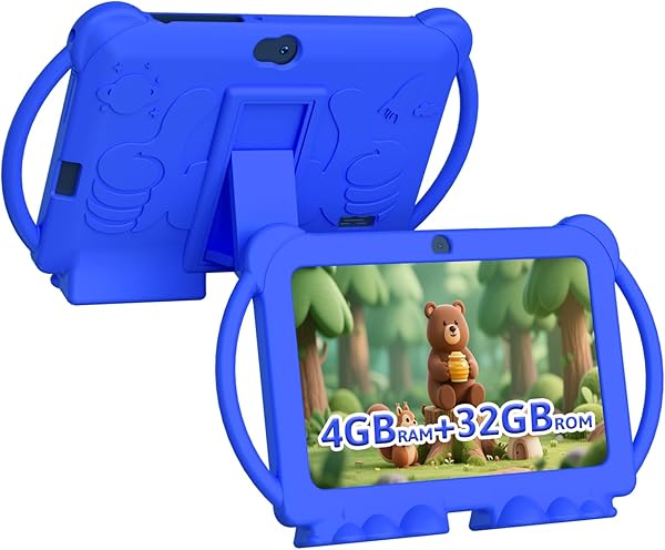 Kids Tablet 7 inch Android 12, 4GB RAM 32GB ROM, 512GB Expandsion, with Parental Control, WiFi, Bluetooth, Dual Camera with Silicone Case, 1PCS(Blue)
