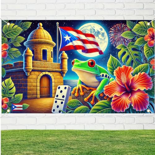 Image of BlissYard Puerto Rico Flag Frog Backdrop Banner 71x43 Inch Indoor Outdoor Party Decor Puerto Rico Events Festivals Wall Banner Hibiscus and Frog Design for Home and Events