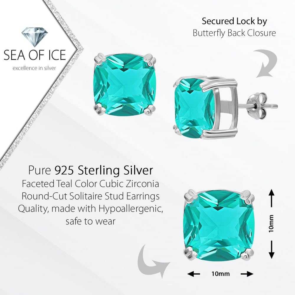 Sea of Ice Sterling Silver Cushion-Cut Simulated Gemstone Stud Earrings for Women – 10mm Cushion-Cut - Elegant Sterling Silver Earrings for Women – Nickel-Free
