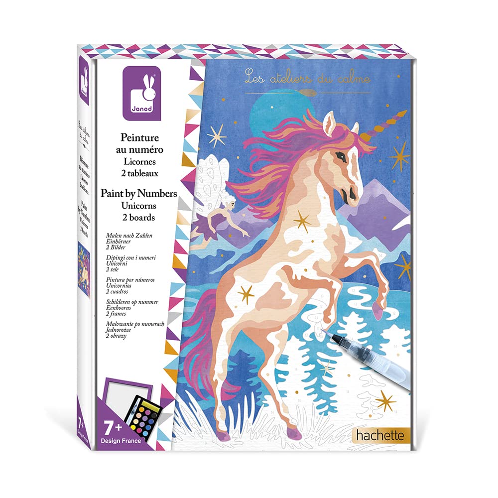 Janod - ‘Unicorns’ Paint by Numbers Set - 2 Paintings to Complete - Les Ateliers du Calme - Children’s Arts & Crafts Kit - 7 Years + - J07985