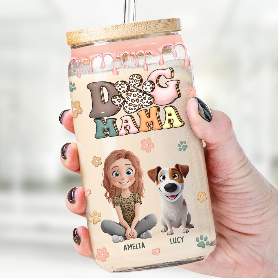 DOPTIKA Dog Mama Tumbler with Lid & Straw – Custom Glass, Personalized Coffee Tumbler, Funny Mom Gift, Dog Lover Gift, Travel Mug, Mother’s Day,