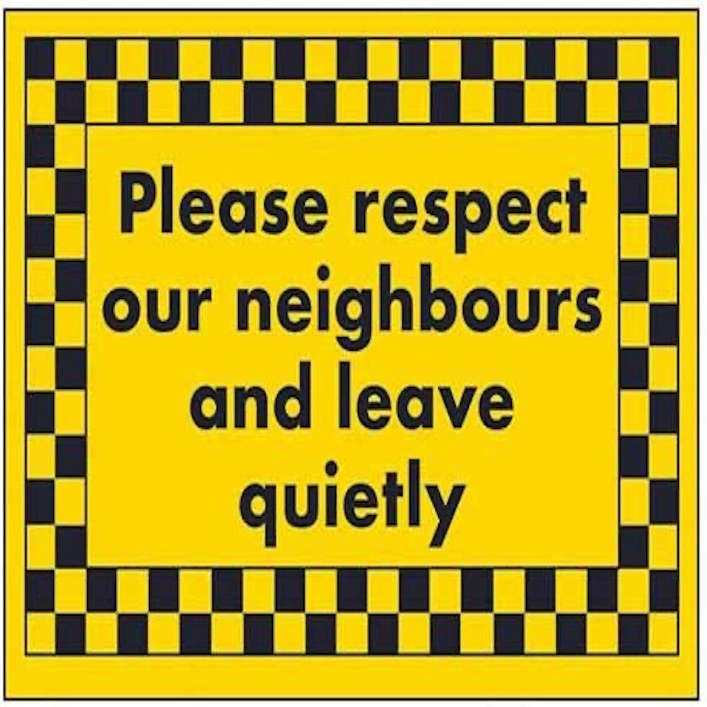 Vsafety Yellow V Safety Please Respect Our Neighbours And Leave Quietly Sign - 300 Mm X 200 Mm - Self Adhesive Safety Sign