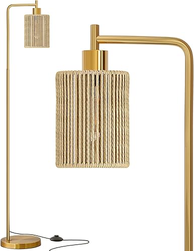 Miniatura 9 de Oneach Lámpara de pie dorada de 66 pulgadas para sala de estar, lámpara de pie bohemia con bombilla LED, interruptor de pie, pantalla de ratán,