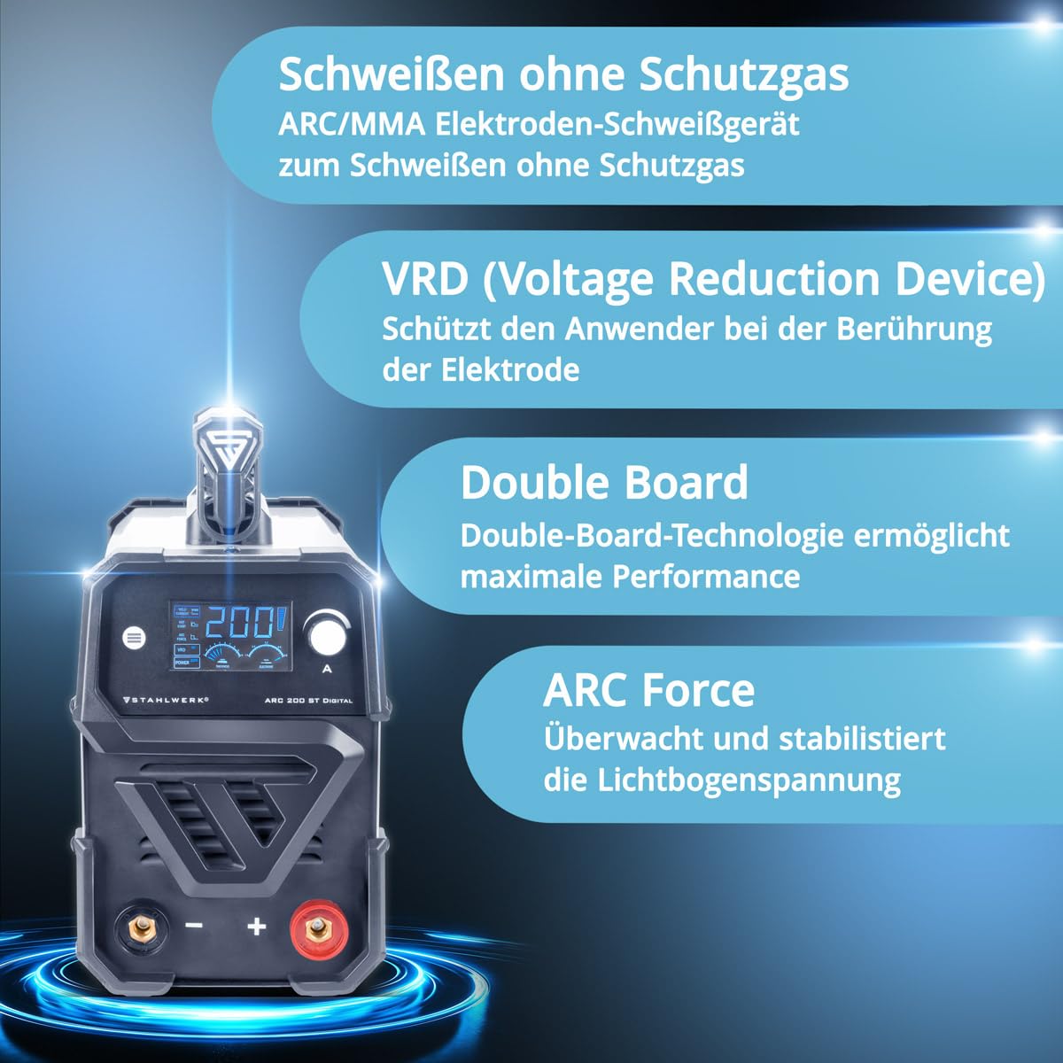 STAHLWERK Elektroden-Schweißgerät ARC 200 ST Digital – Vollausstattung – flexibel einsetzbar ohne Gas, kompakt, MMA, E-Hand, 200 A, Lift-TIG-fähig, Smartkühlung, Überhitzungsschutz, Anti-Stick