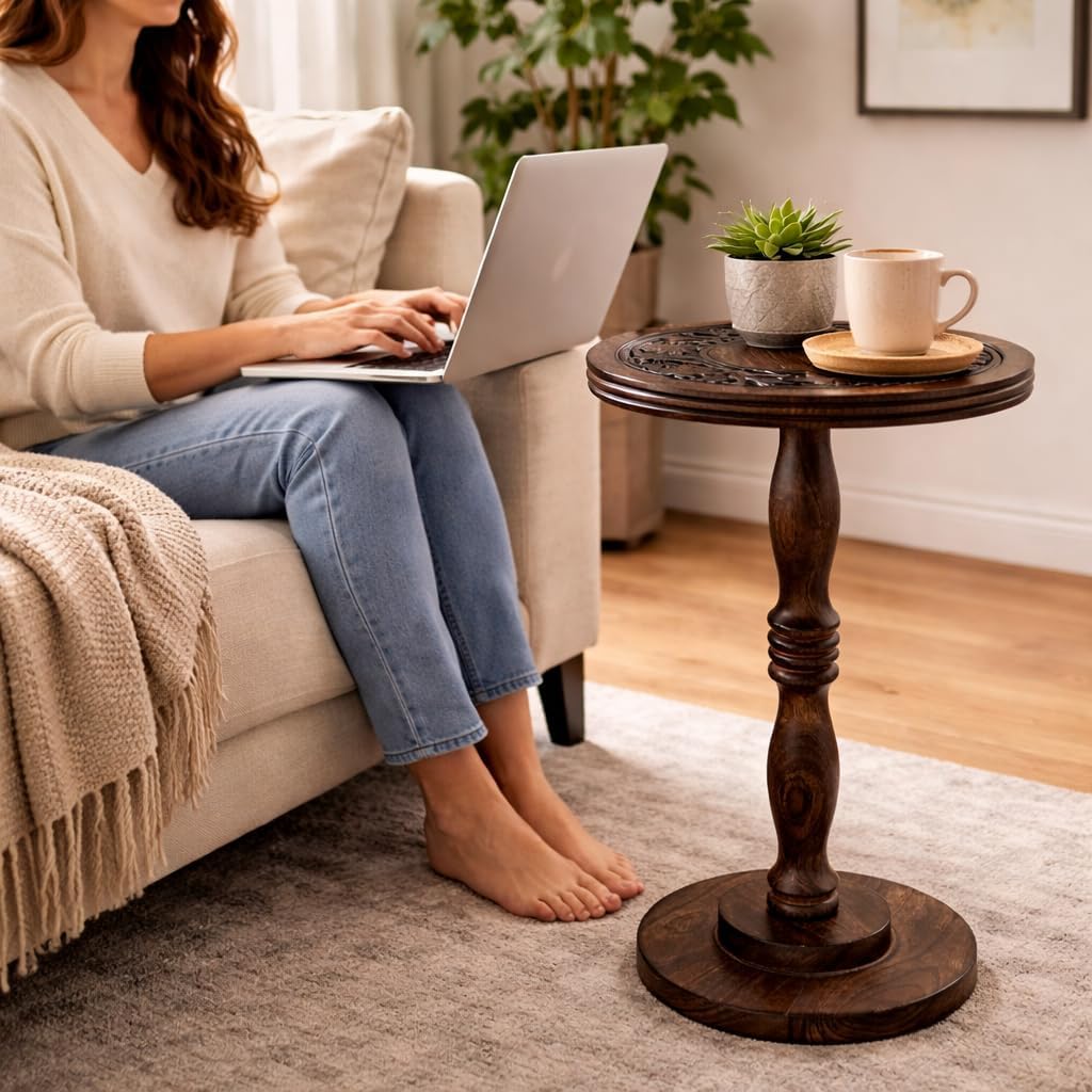 Mango Wood Accent Table 12x22 – Round Handcrafted Pedestal End Table, Natural Burnt Finish Nightstand, Solid Wood Bedside Table for Bedroom & Living Room Home Décor