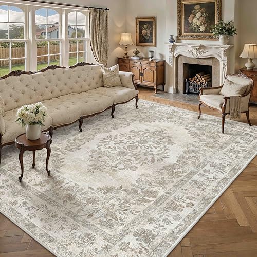 PureCozy Dark Beige Living Room Rug 240 x 300 cm, Vintage Washable Rugs Non-Slip for Bedroom Balcony Runner Kitchen Dining Room Office Flat Indoor Modern Soft Short Pile Carpet