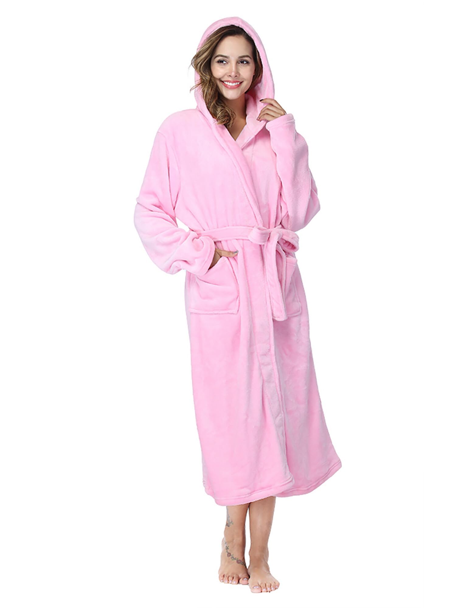 RONGTAIRONGTAI Womens Robes Plush Fleece Hooded Bathrobe Thick Nightgown with Pockets Fluffy Sleepwear, Pink, XX-Large