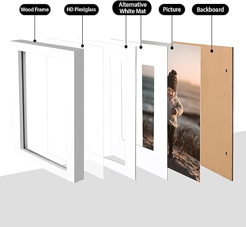 Miniatura 3 de KINLINK Portarretratos de 8 x 10 pulgadas, color blanco, de madera maciza con plexiglás acrílico para fotos de 4 x 65 x 7 pulgadas con paspartú o de