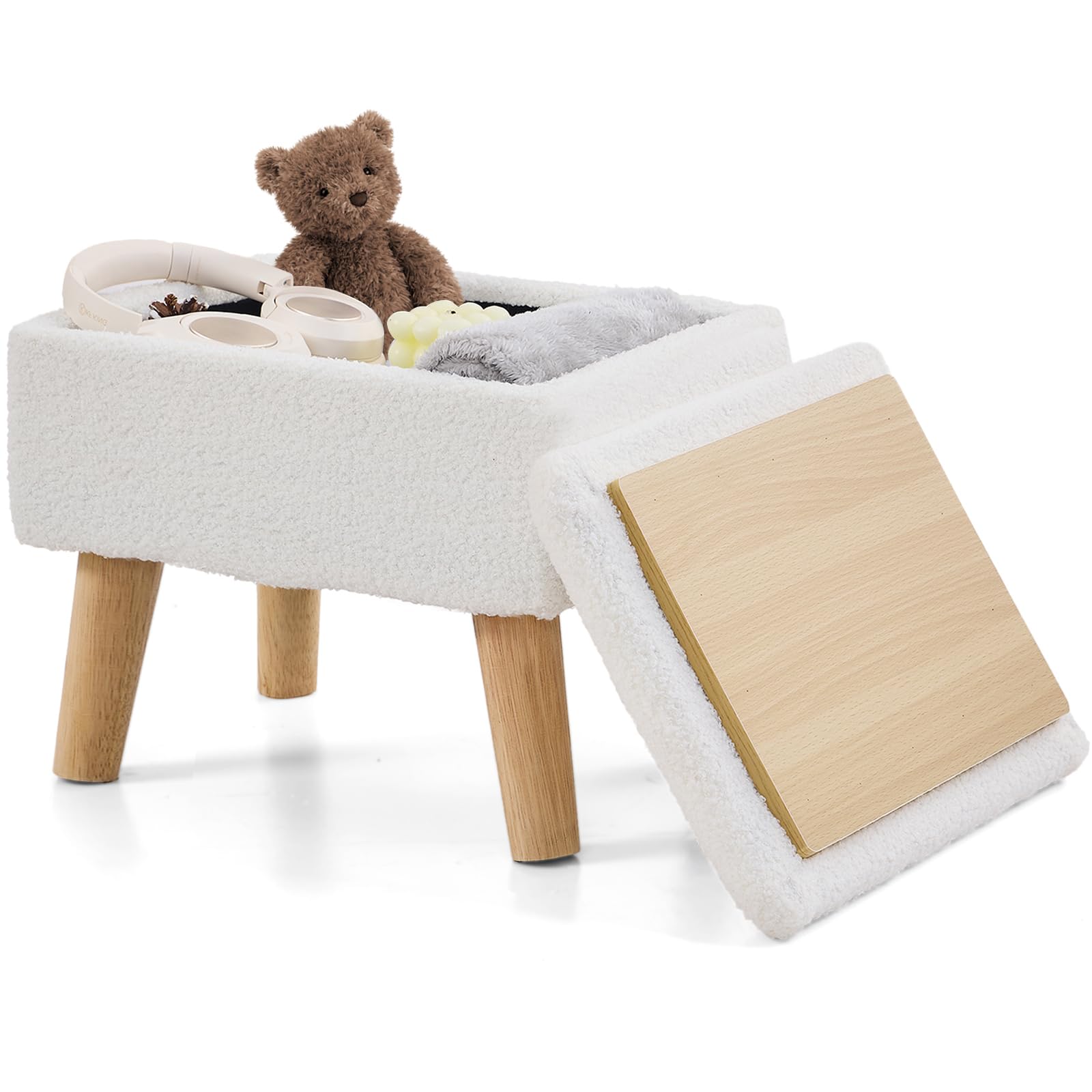 Upholstered Storage Ottoman Stool (40 x 40 x 32.5 cm) with Solid Wooden Legs | Soft Fabric Footrest Pouffe for Living Room, Bedroom & Vanity | Compact & Modern Design, Off White-image-4