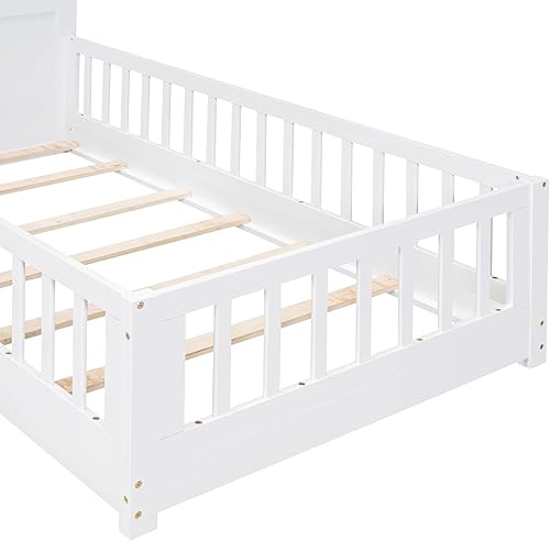 Miniatura 98 de Cama de madera de tamaño individual con cabecero en forma de casa con vallas, altura baja al suelo, para dormitorio de niños y niñas (blanco-01)