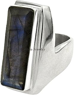 Natural Labradorite Gemstone Ring, Solid 925 Sterling Silver, Unisex Handmade Ring, Blue Fire Ring, Cocktail Ring, Faceted Cut Rectangle Shape Ring, Signet Ring, Anniversary Gifts (labradorite)