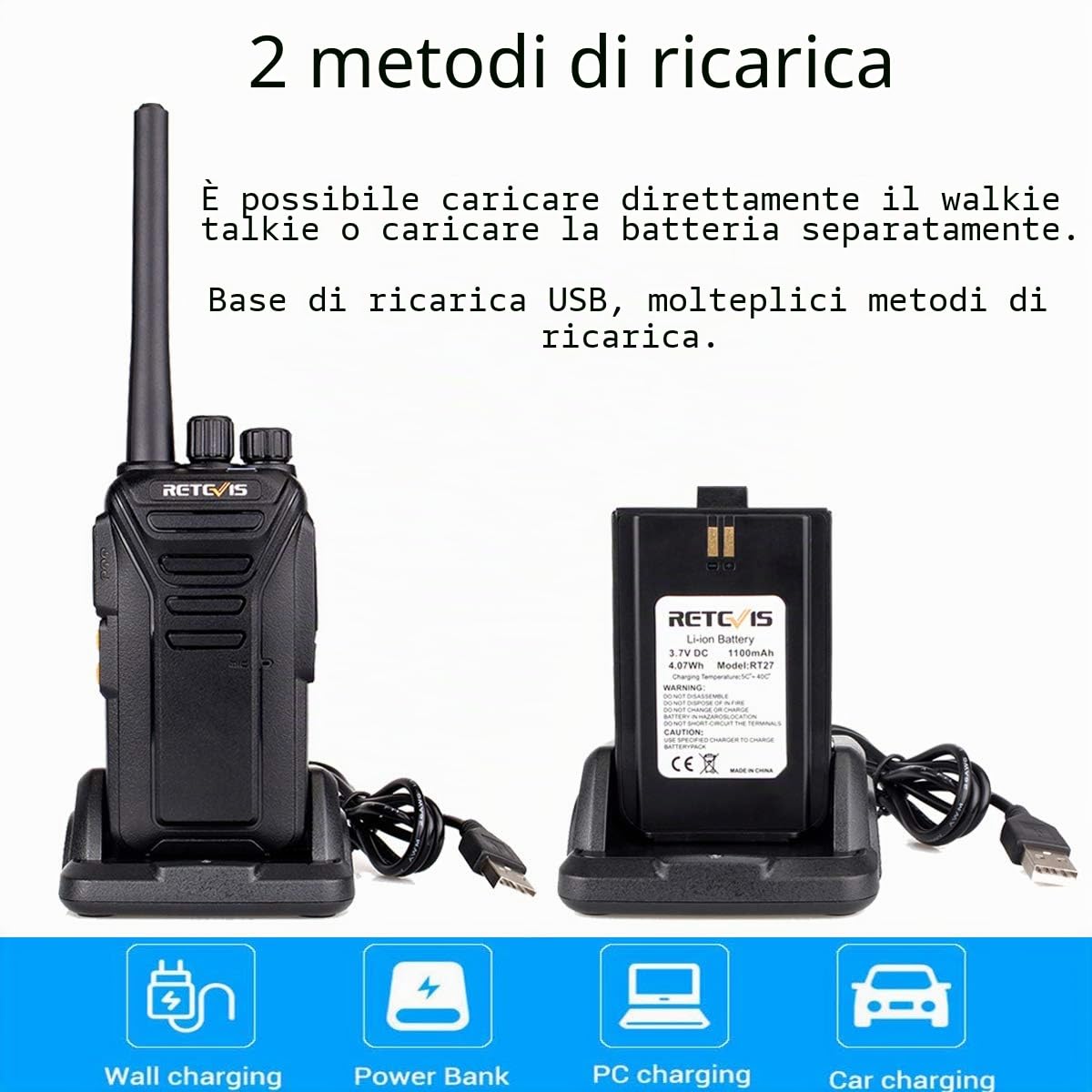 Retevis RT27 Walkie Talkie, Ricetrasmittenti Professionali, PMR446 Licenza-Libero 16 Canali VOX CTCSS/DCS Allarme, Walkie Talkie Ricaricabili con USB Caricatore (5 Pezzi, Nero)