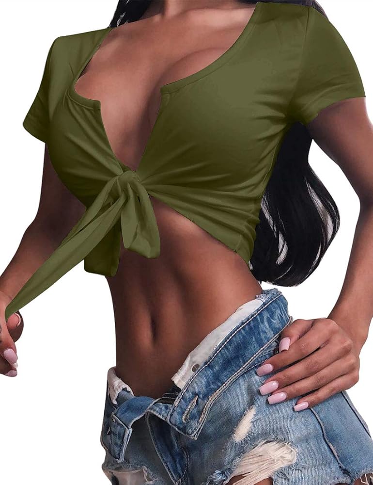 BORIFLORS Women's Sexy Tie Up Crop Top Short Sleeve Deep V Neck