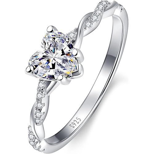 1.25ct Womens Heart Promise Ring, 925 Sterling Silver Heart Cut Created Emerald/Sapphire/Amethyst/Ruby/Cubic Zirconia/Opal Twisted Vine Engagement Ring for Women Size 5-10