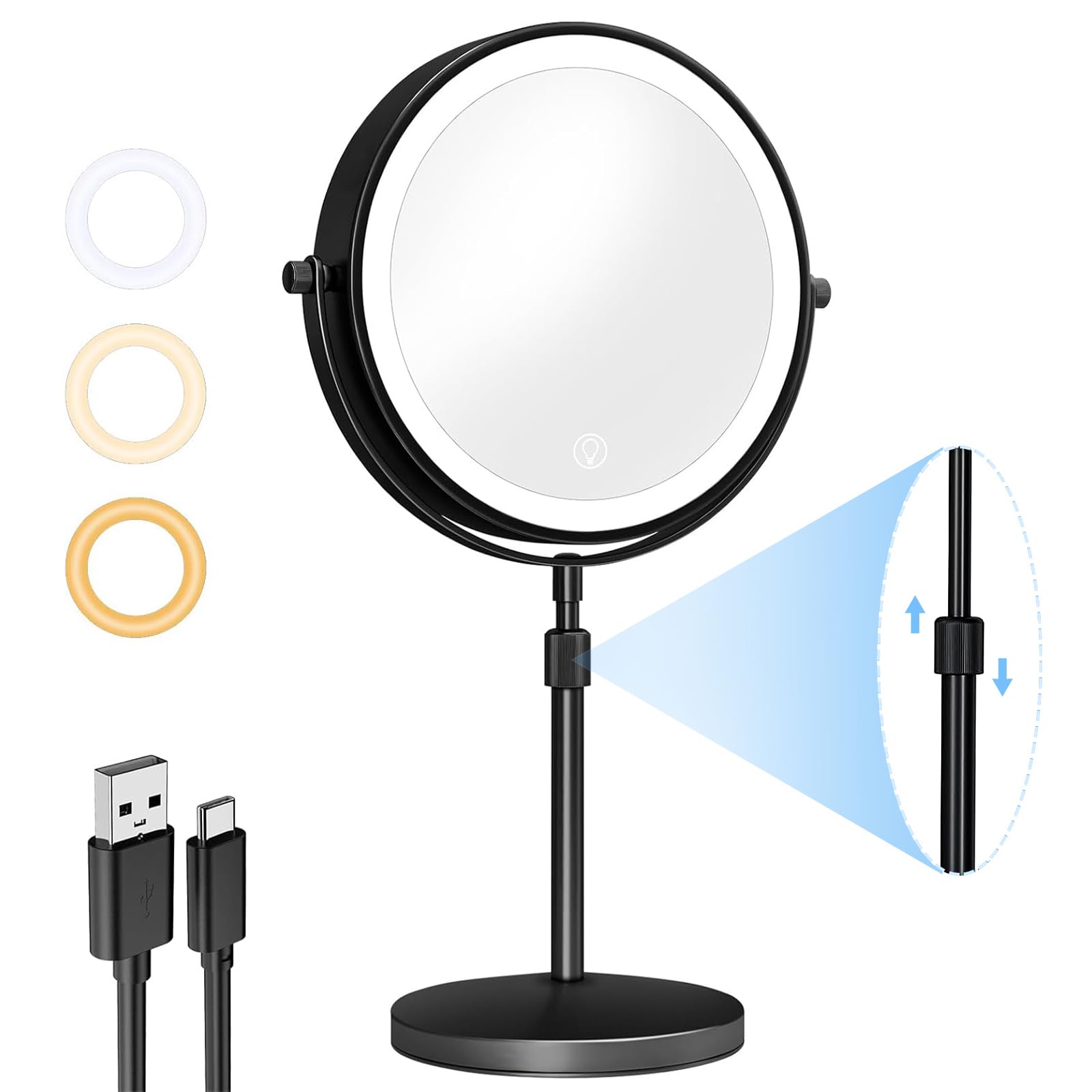 Espejo de maquillaje de aumento 10X con luz, 8 pulgadas de doble cara 3X/10X, espejo de mesa con aumento de alta definición, rotación de 360°, espejo de tocador para tocador, escritorio,