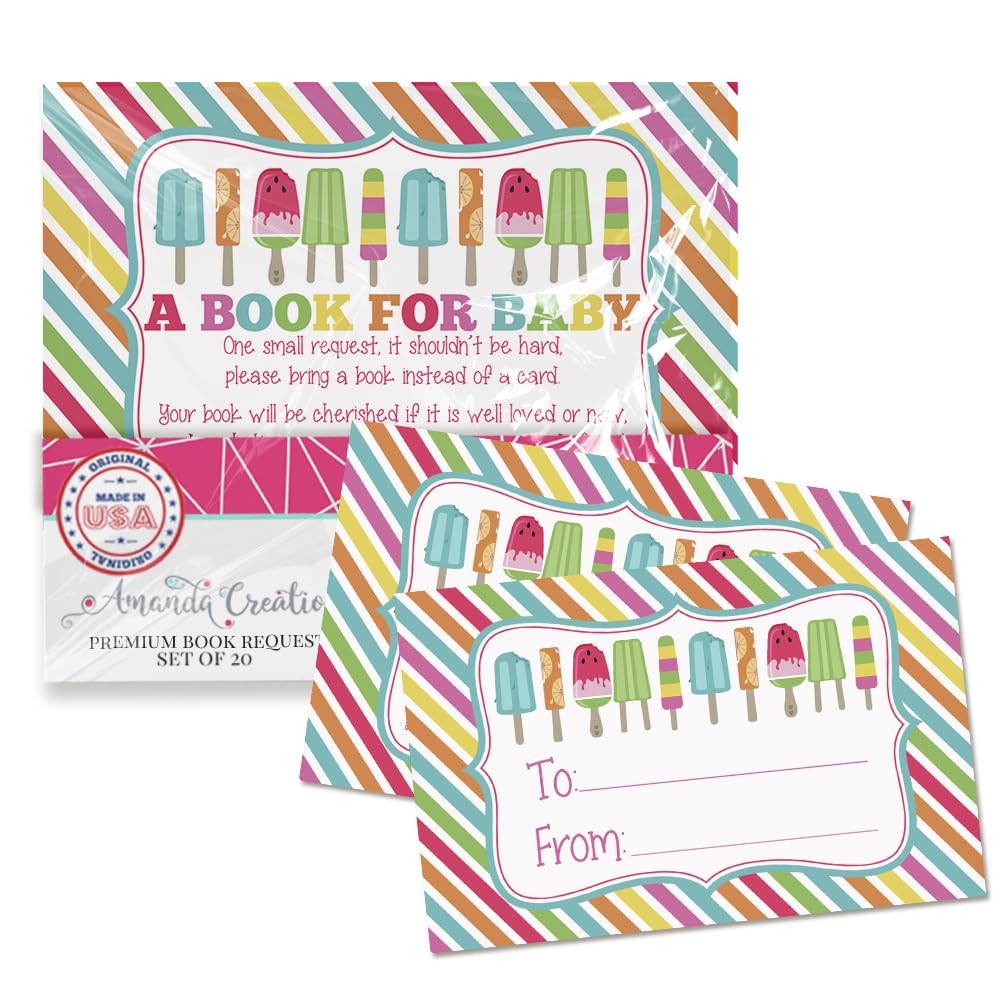 Amanda Creation Book Request Cards Gender Neutral Cool Popsicle Bring a Book Insert Request for Baby Shower - 20 2.5 by 4 Inch Double Sided Gift Tags, Made in the USA