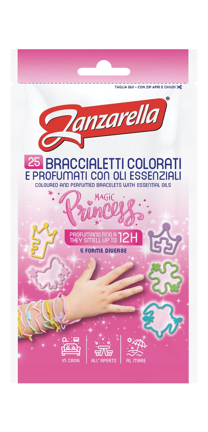 Zanzarella Magic Princess 25 Braccialetti Antizanzare Silicone Riciclabile Repellente Oli Naturali 12 Ore