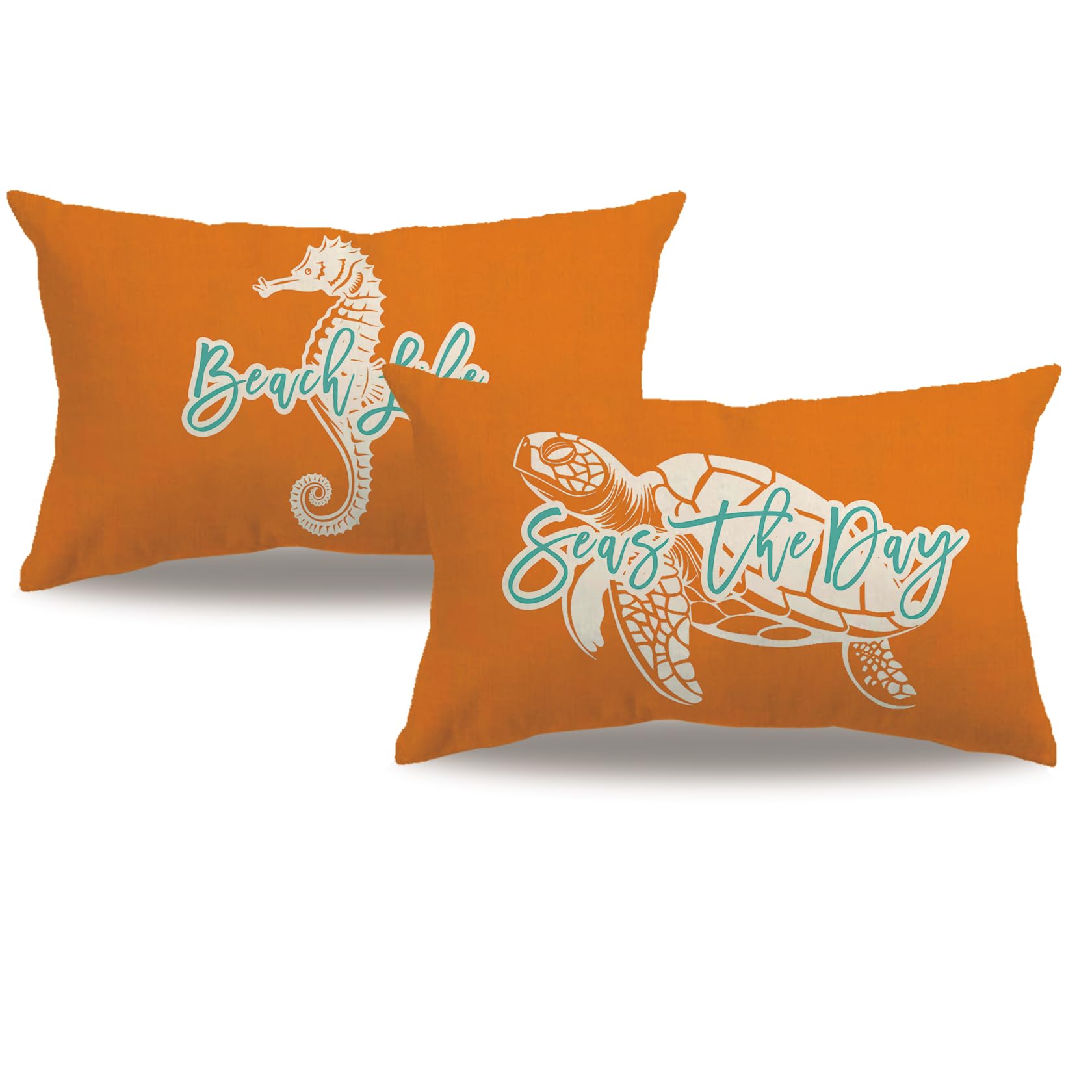 7COLORROOM 2Pack Ocean Theme Decor Throw Pillow Cover Orange Double-Sided Printed Sea Turtle Seahorse Rectangular Waist Cushion Cover