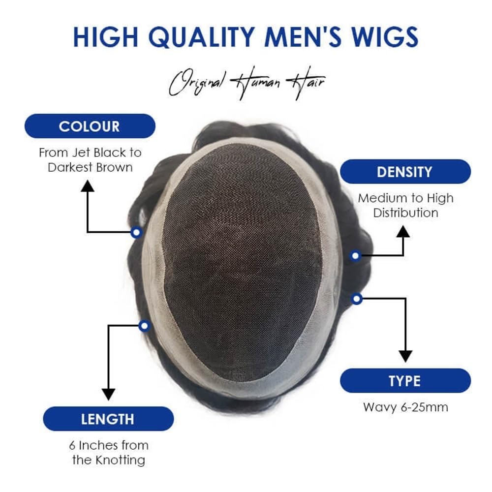 Men's Toupee Protesi capillare in capelli umani naturali, toupee traspirante, mono superiore fine con PU intorno, da uomo(6x9)