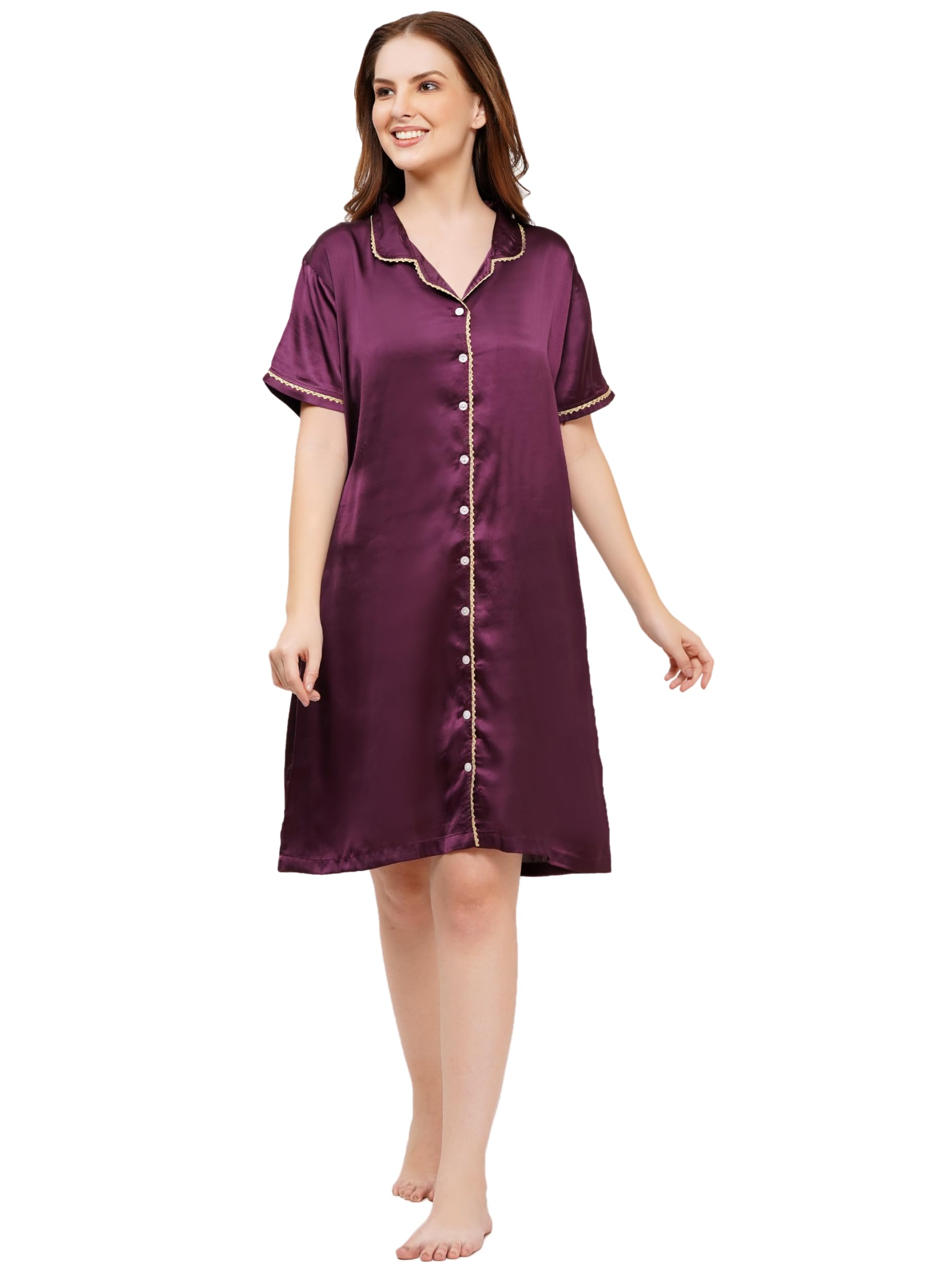 Women Satin Nighty Short Sleeve Button Down Sleep Shirt Dress Soft Silky Nightwear Collared Night Gown Comfortable Lounge Wear Knee Length Sleepwear for Women-image-11